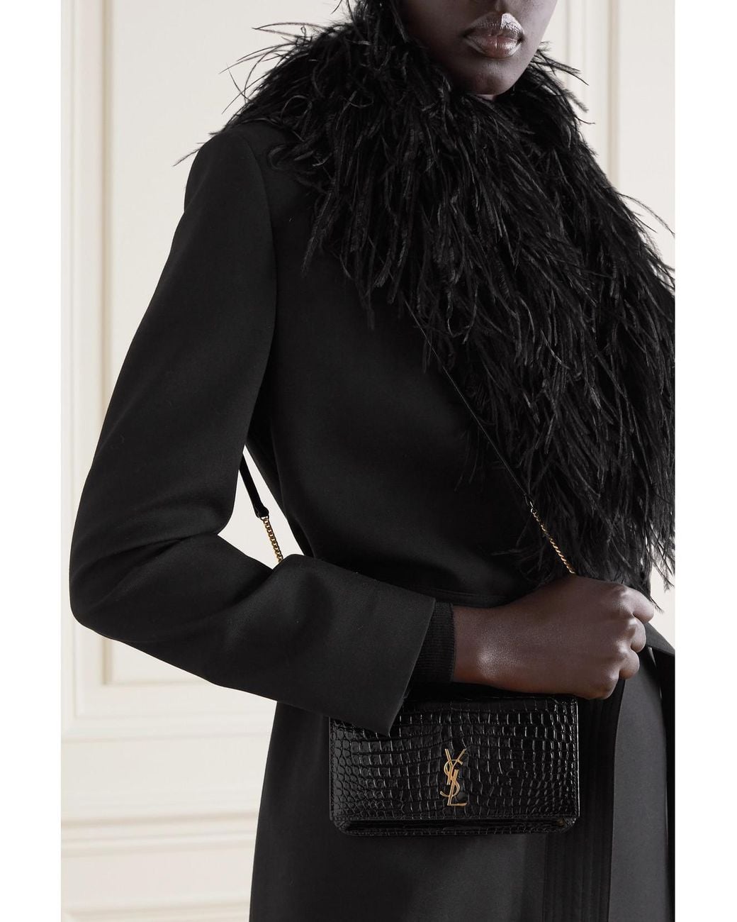 Saint Laurent Black Cassandre Strap Glossed Croc-Effect Leather Phone Case