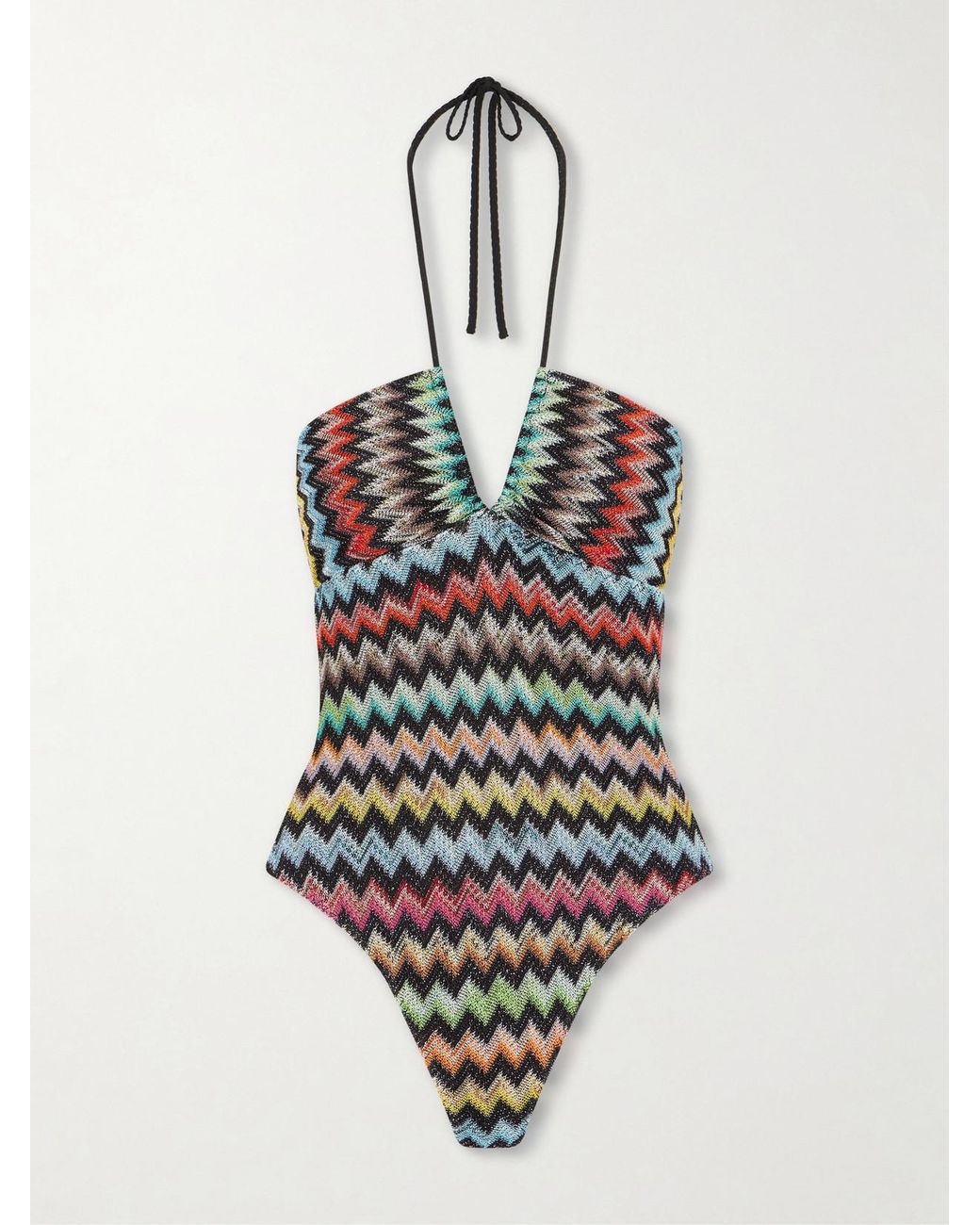Missoni White Striped Metallic Crochet-Knit Swimsuit