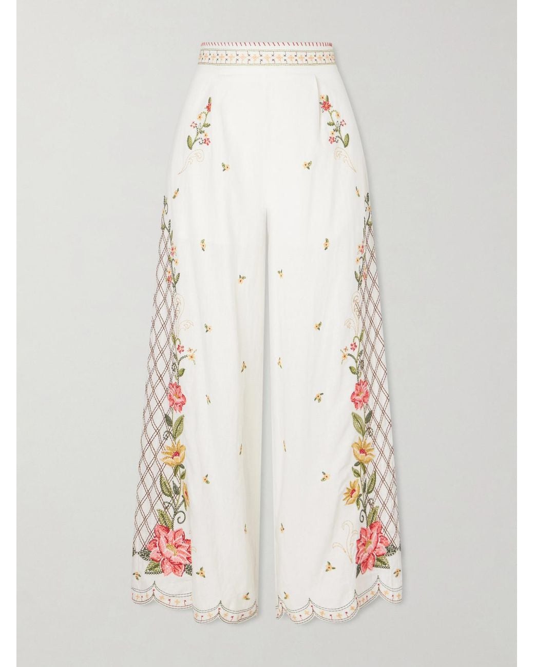 Farm Rio White Embroidered Linen-Blend Wide-Leg Pants