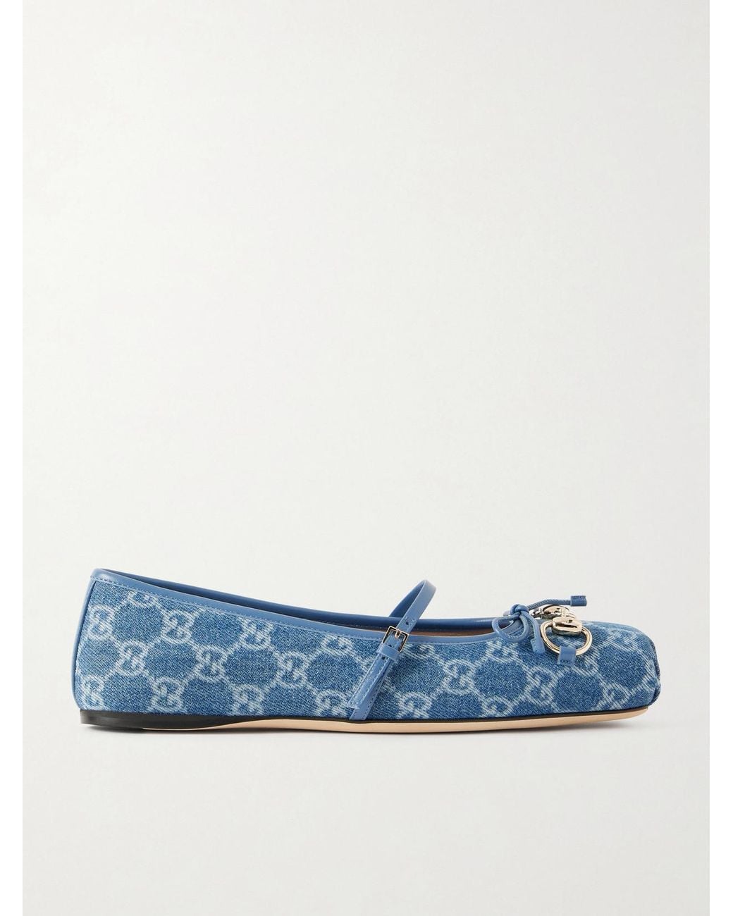 Gucci Blue Horsebit Ballerina Leather-Trimmed Denim Flats