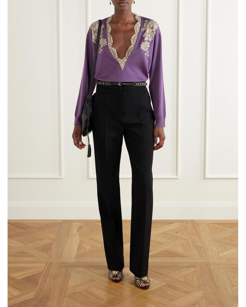 Valentino Garavani Purple Lace-Trimmed Virgin Wool Sweater