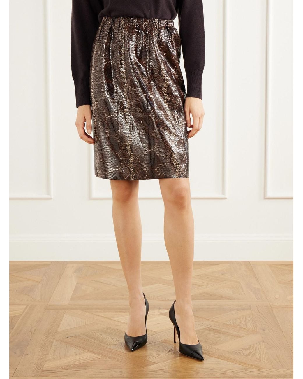Nour Hammour Brown Sabella Gathered Snake-Effect Patent-Leather Midi Skirt