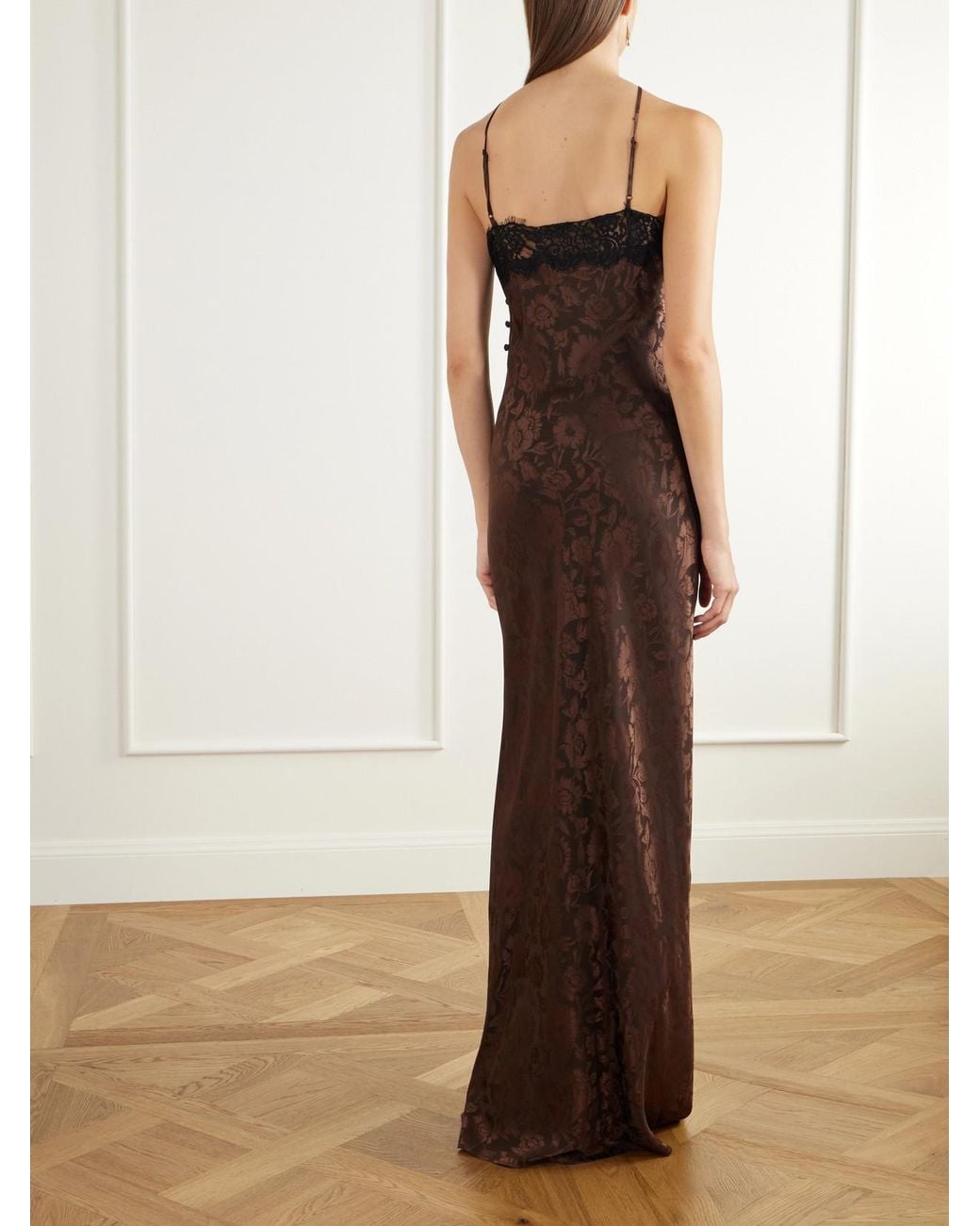 Veronica Beard Brown Rue Lace-Trimmed Floral-Jacquard Silk-Blend Satin Gown