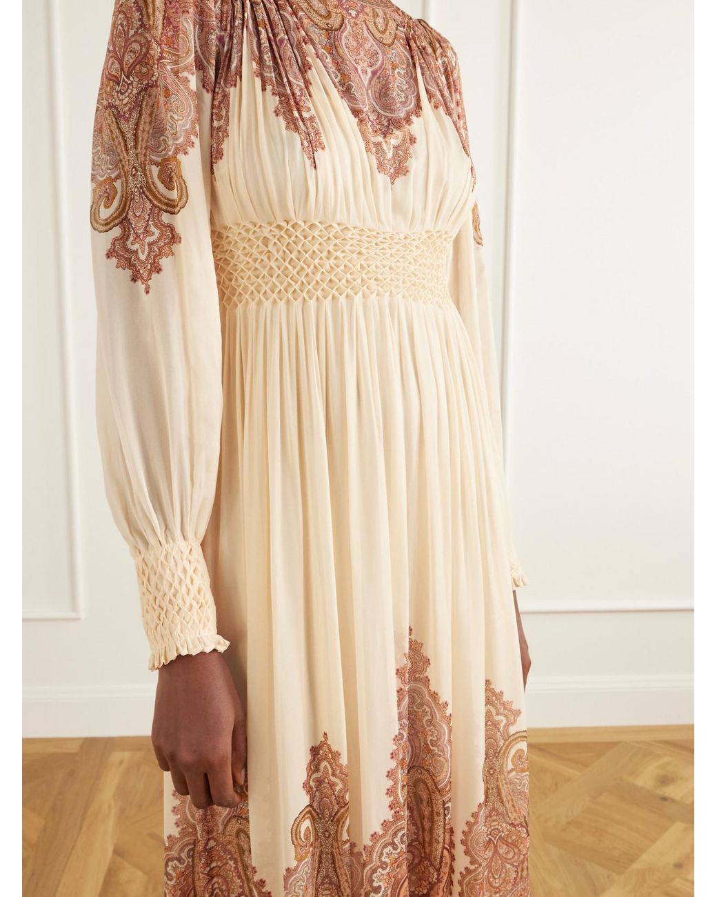 Zimmermann Natural Ascent Smocked Printed Georgette Midi Dress