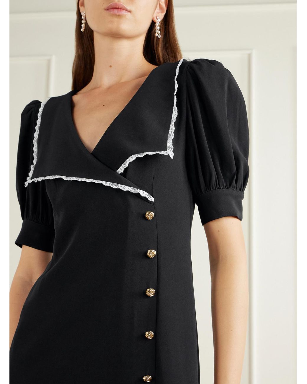 Alessandra Rich Black Lace-Trimmed Crepe-Cady Midi Dress