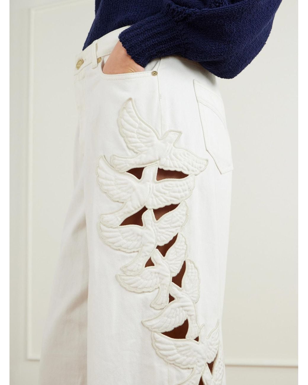 Zimmermann White Appliquéd High-Rise Straight-Leg Jeans