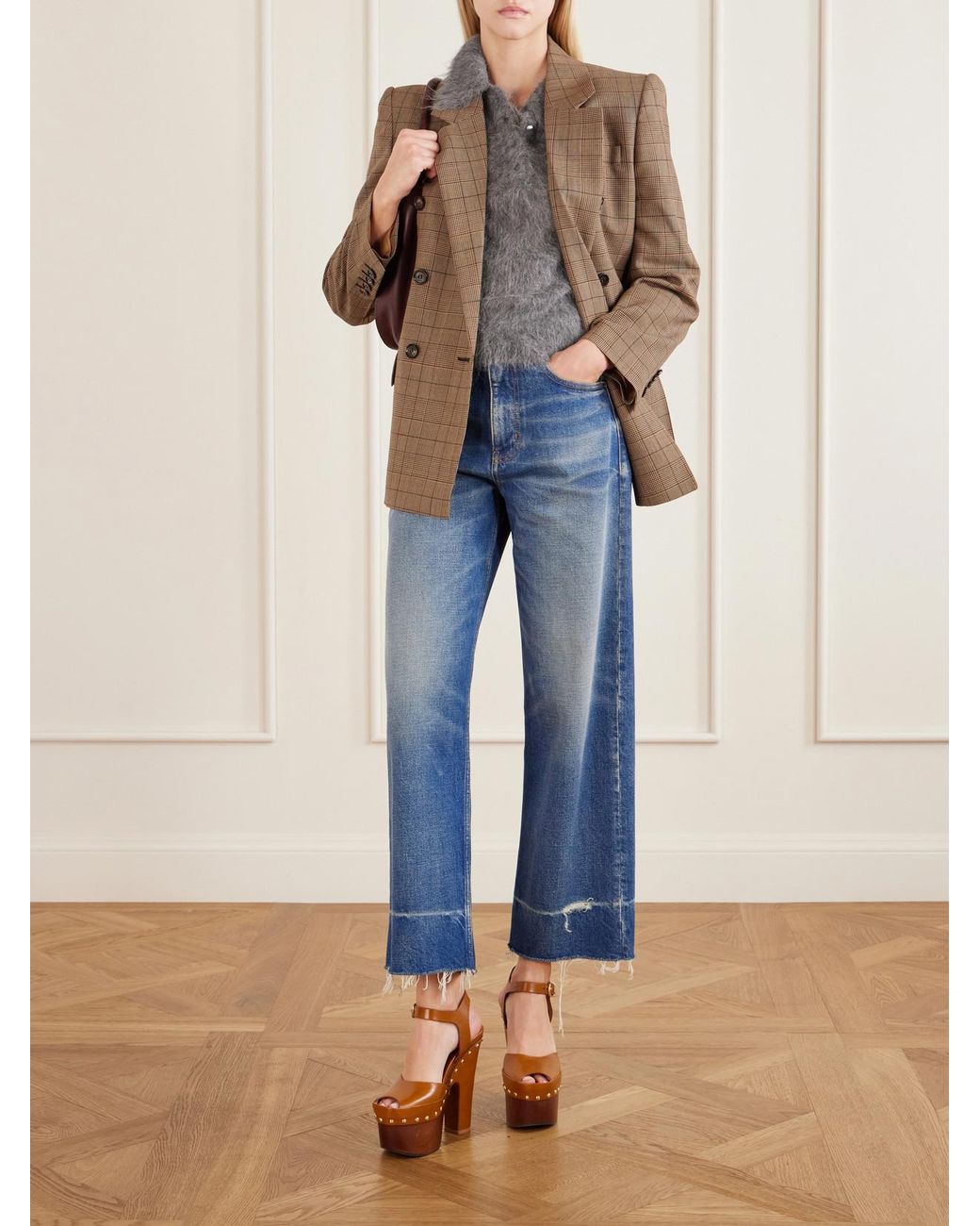 Chloé Brown Double-Breasted Checked Wool Blazer