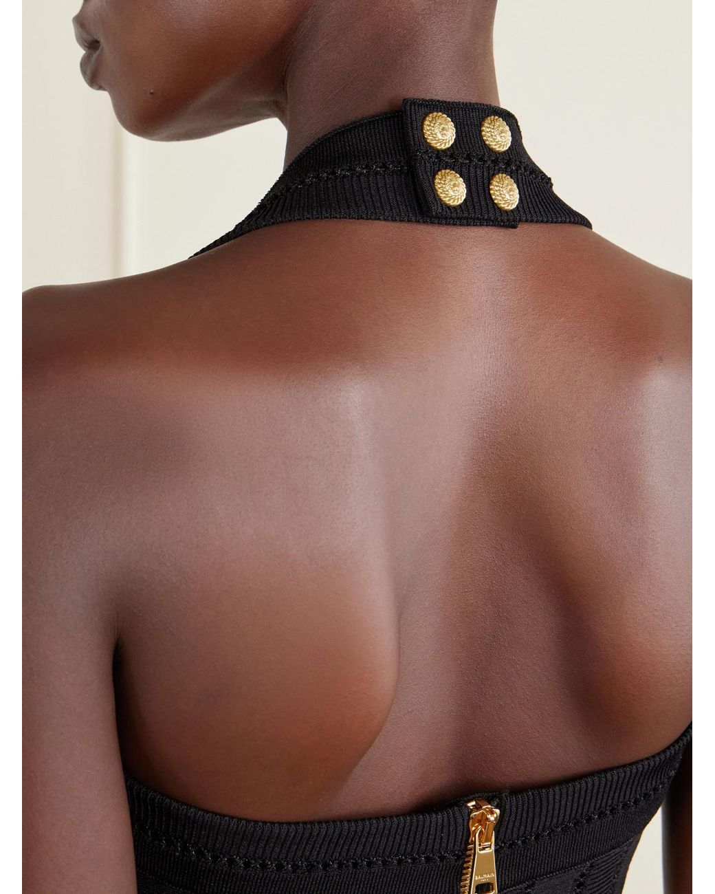 Balmain Black Flechage Jersey Halterneck Midi Dress