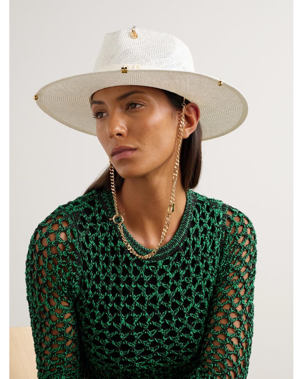 Ruslan Baginskiy Natural Embroidered Embellished Cotton-Trimmed Straw Fedora