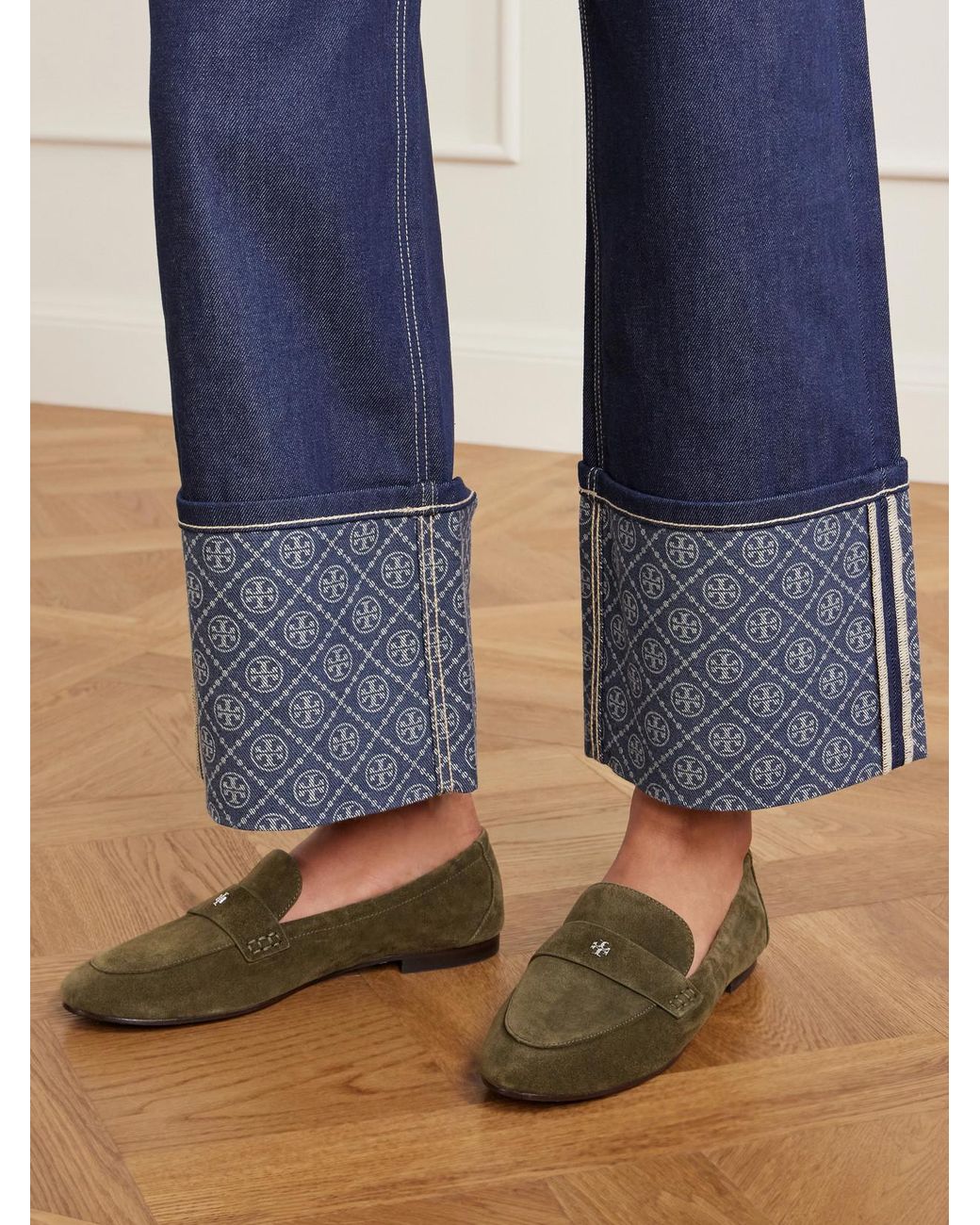 Tory Burch Blue Printed High-Rise Straight-Leg Jeans
