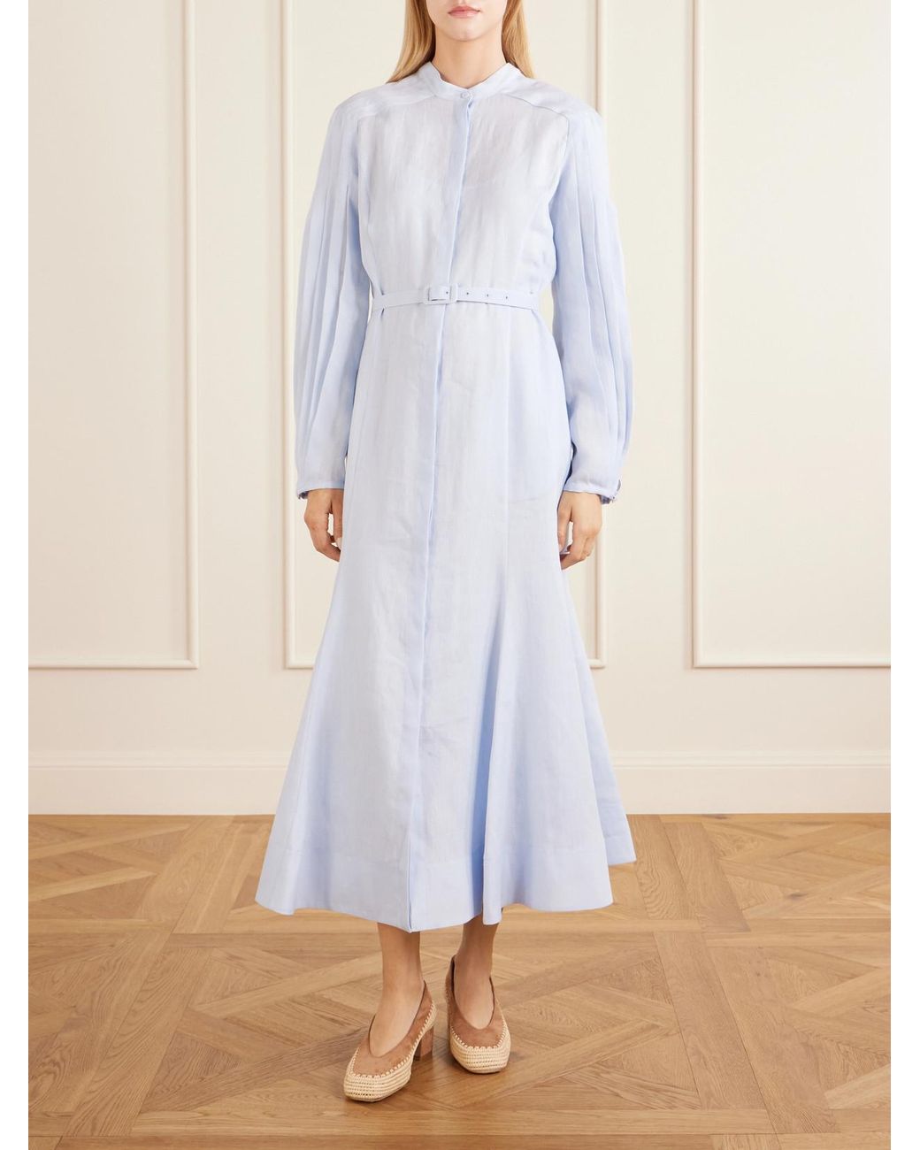 Gabriela Hearst Blue Lydia Belted Linen Midi Dress