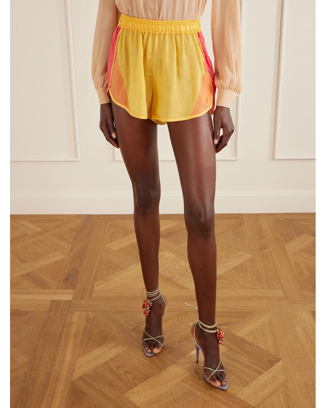 Saint Laurent Yellow Color-Block Satin Shorts