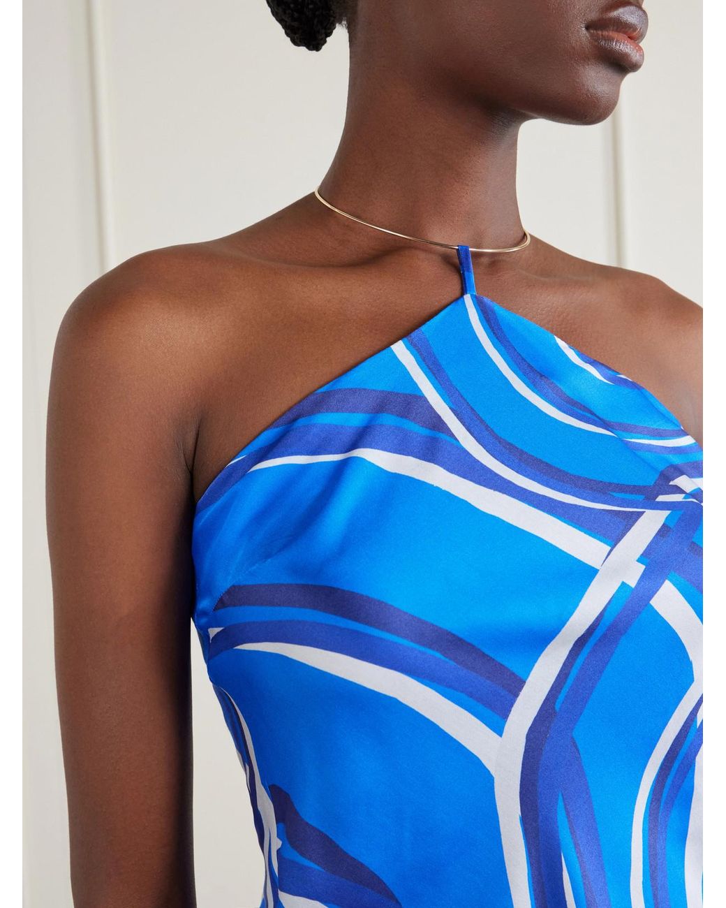 Themis Z Blue Elysia Asymmetric Printed Silk-Blend Satin Top