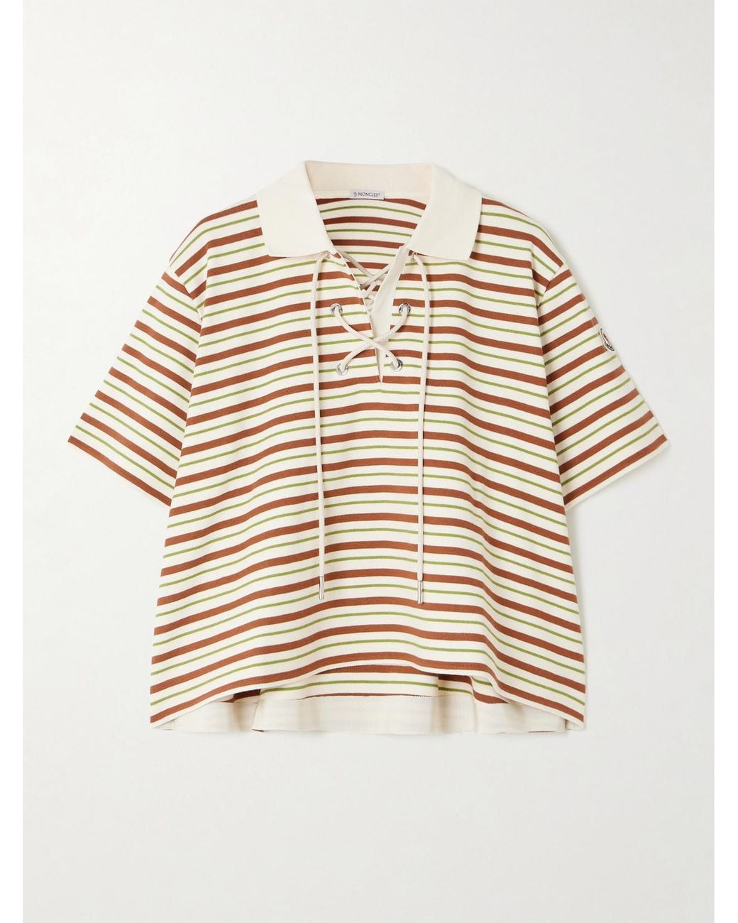 Moncler Natural Lace-Up Cropped Striped Cotton Polo Shirt