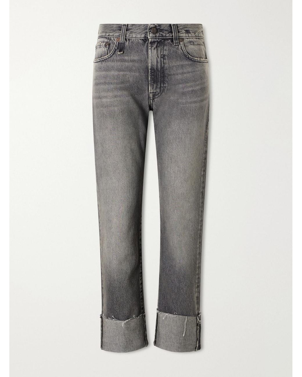 R13 Gray Cuffed Romeo Cropped Frayed Mid-Rise Straight-Leg Jeans