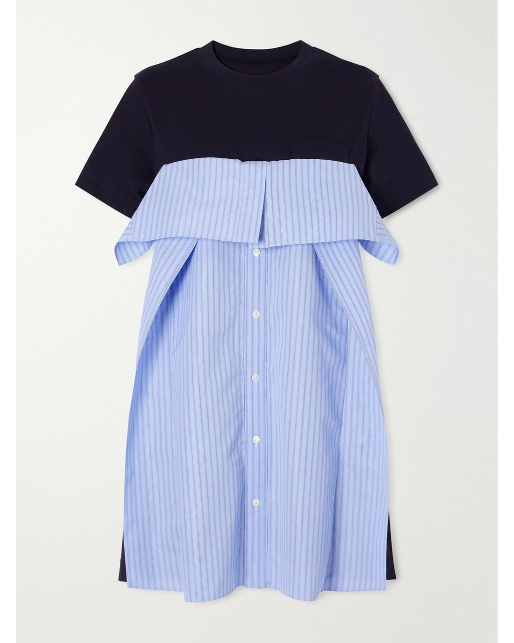 Sacai Blue Paneled Ruffled Cotton-Jersey And Poplin Mini Dress