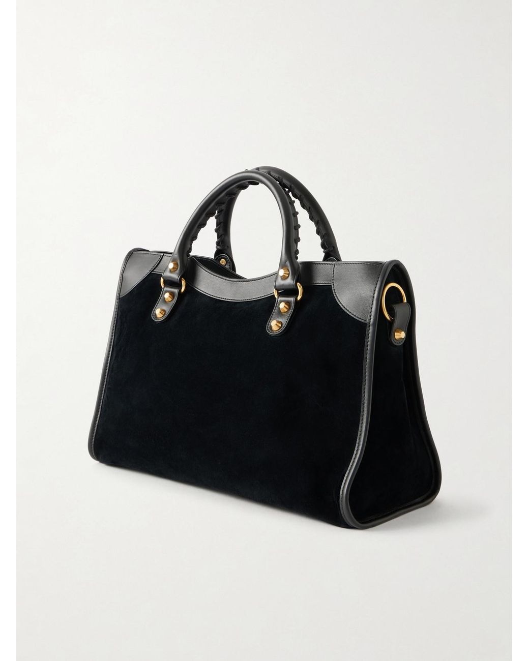 Balenciaga Black Le City Studded Leather-Trimmed Suede Shoulder Bag