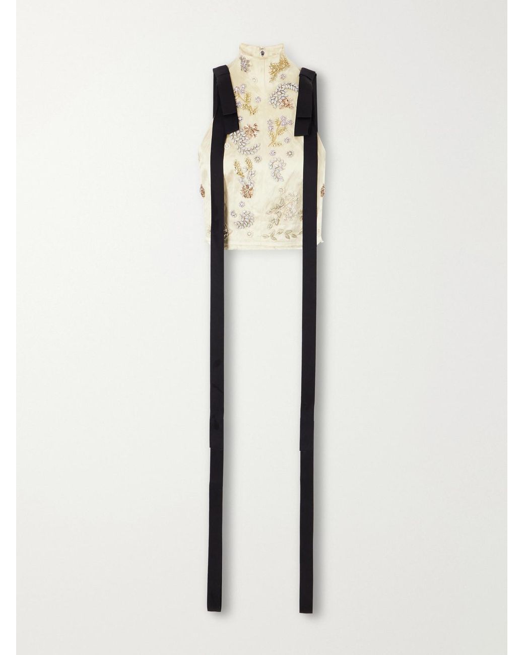 Erdem White Tie-Detail Cropped Embellished Satin Top