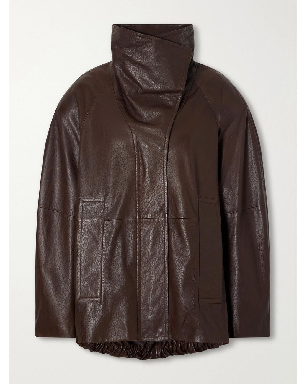 Sportmax Brown Salaggio Funnel-Neck Paneled Hammered And Glossed Leather Jacket