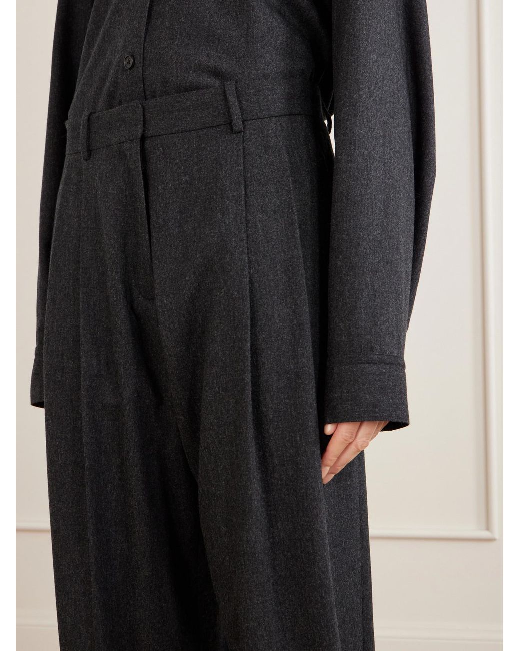 Khaite Black August Pleated Wool-Blend Flannel Straight-Leg Pants