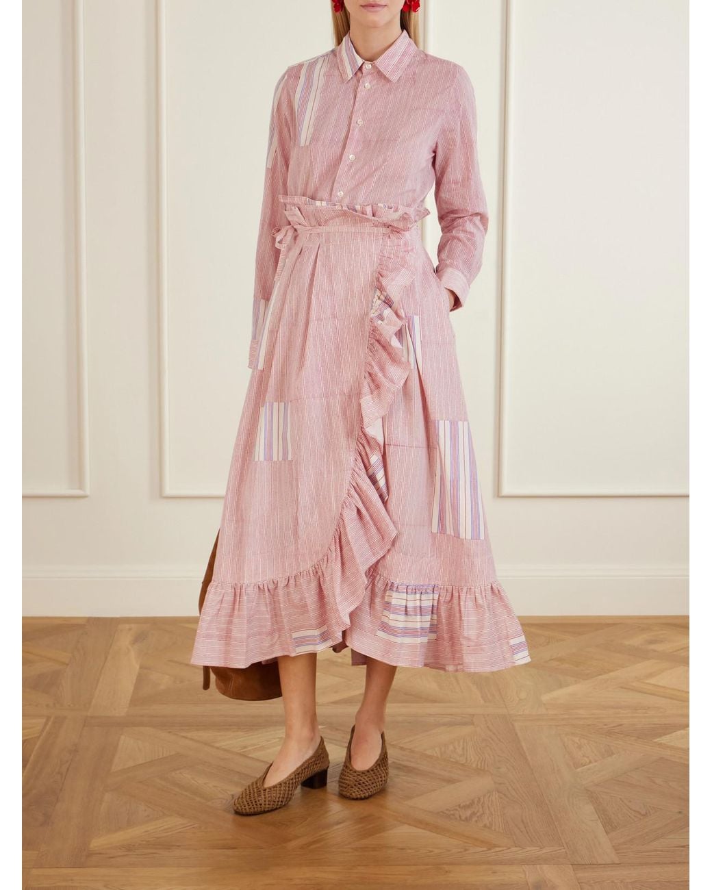 Thierry Colson Pink Tasha Ruffled Striped Cotton-Voile Wrap Midi Skirt