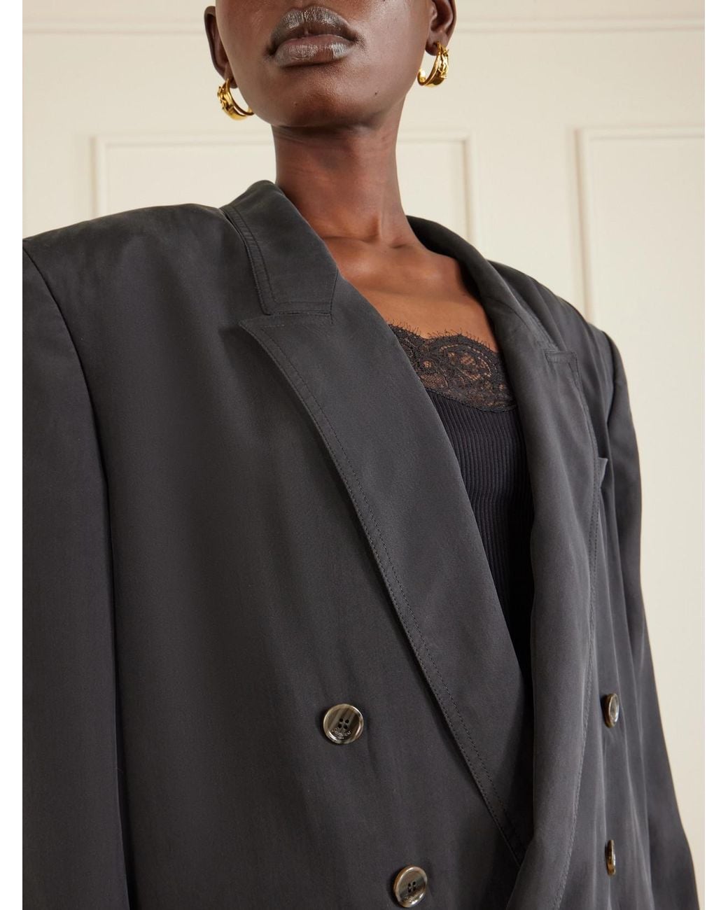 Saint Laurent Blue Double-Breasted Silk-Habotai Blazer