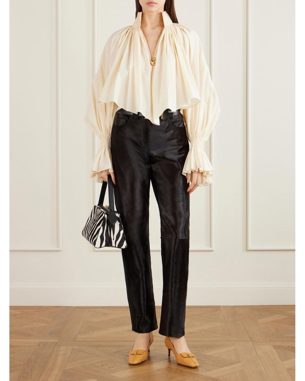 Khaite Black Callum Calf Hair Straight-Leg Pants
