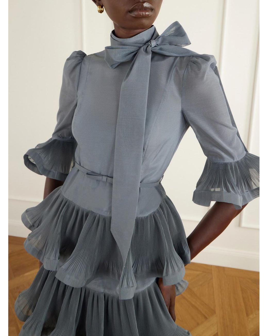 Zimmermann Blue Pussy-Bow Ruched Tiered Plissè Organza Midi Dress