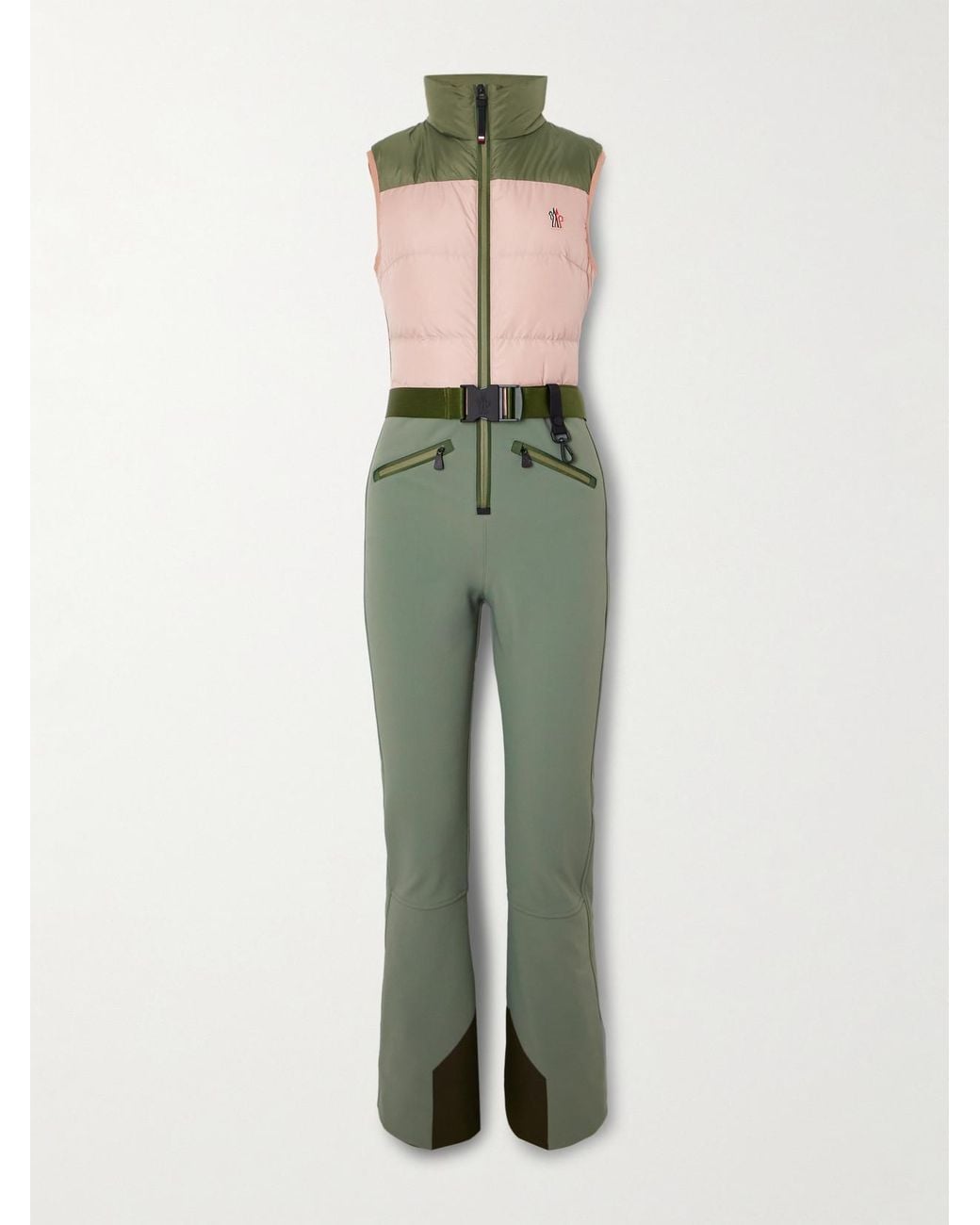 Moncler Green Belted Paneled Quilted Down Ski Suit
