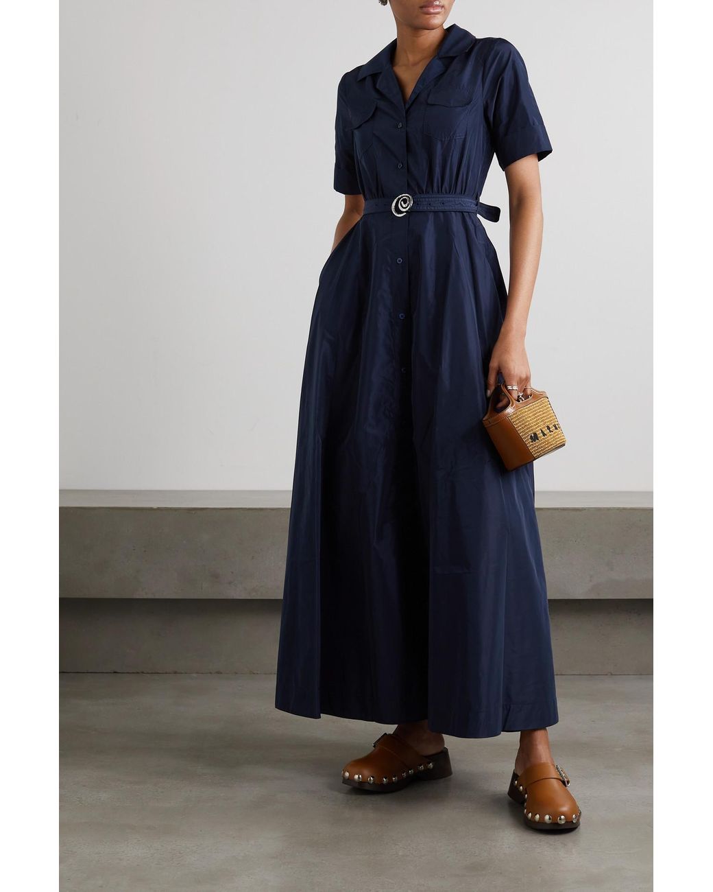 STAUD Millie Embellished Belted Taffeta Maxi Shirt Dress in Blue | Lyst UK