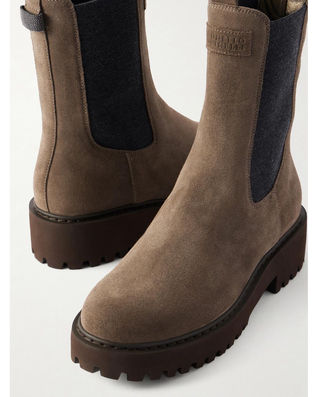 Brunello Cucinelli Brown Bead-Embellished Suede Ankle Boots