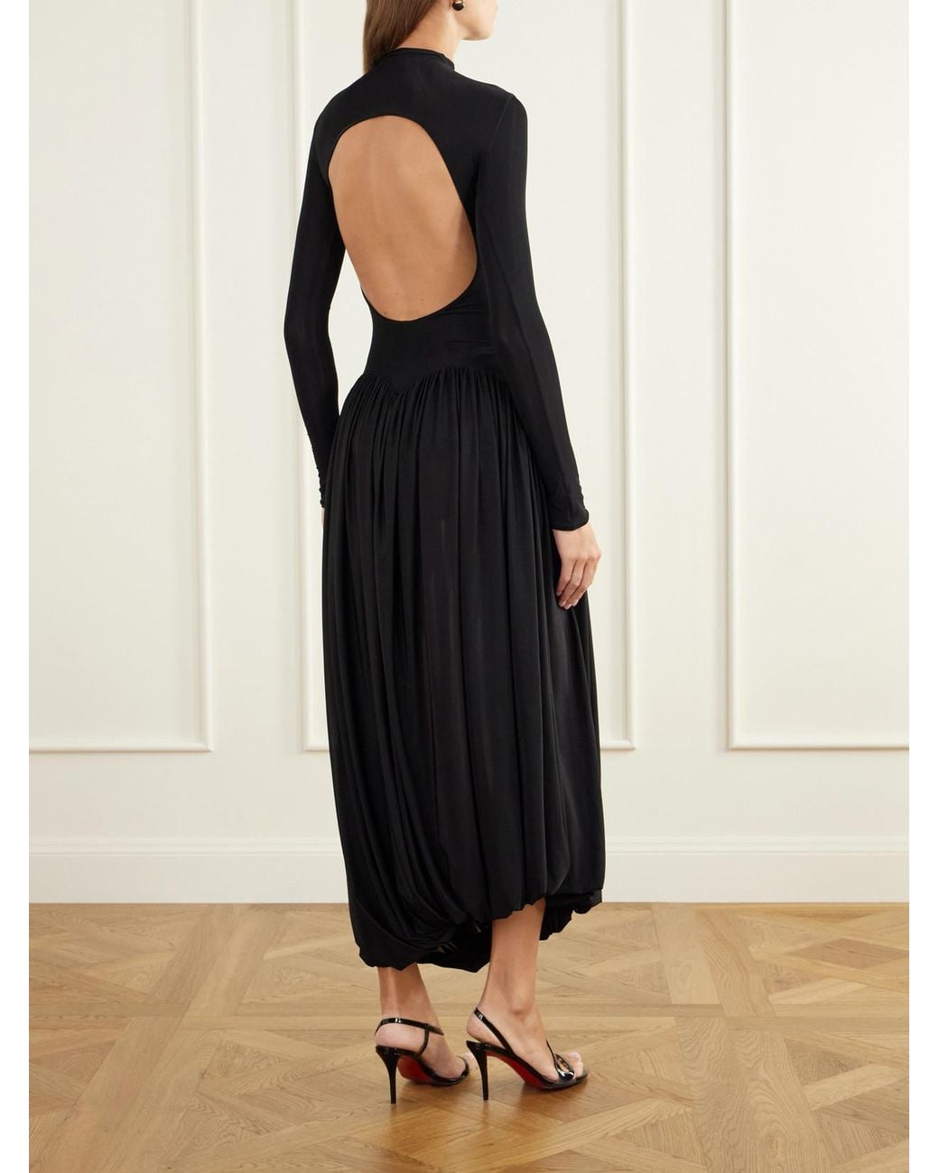 Maygel Coronel Black Onix Open-Back Gathered Jersey Midi Dress