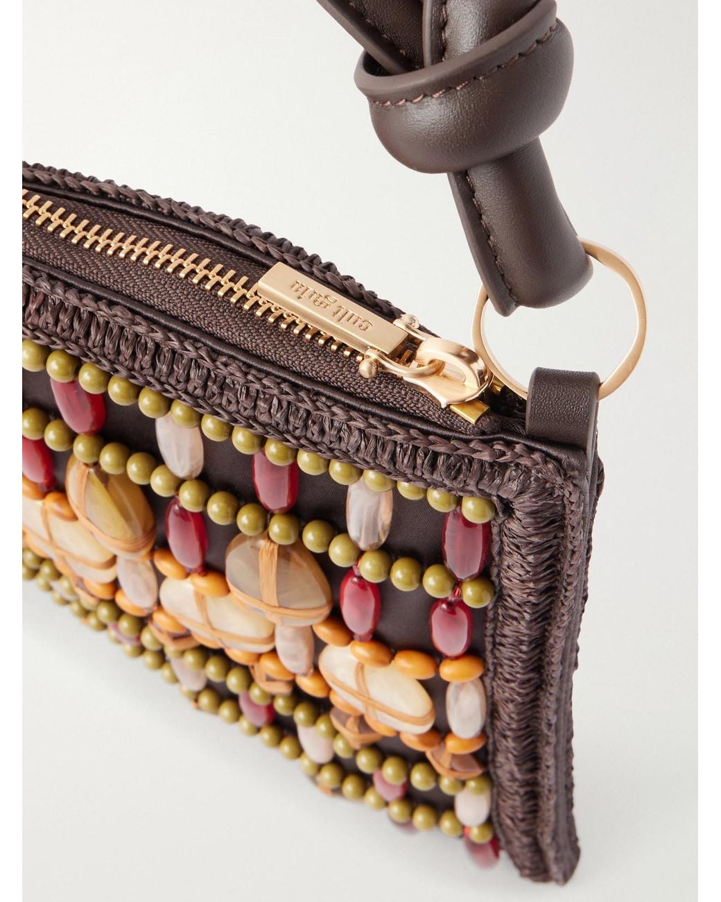 Cult Gaia Brown Hera Bead-Embellished Leather And Raffia-Trimmed Satin Shoulder Bag