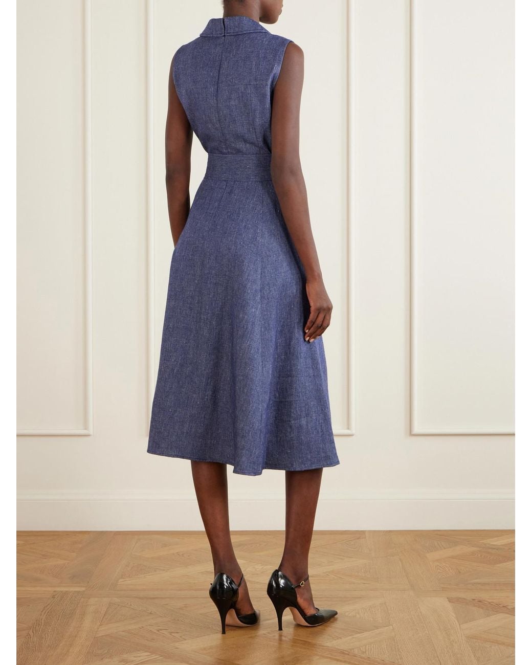 Carolina Herrera Blue Belted Linen, Wool, Cashmere And Silk-Blend Midi Dress