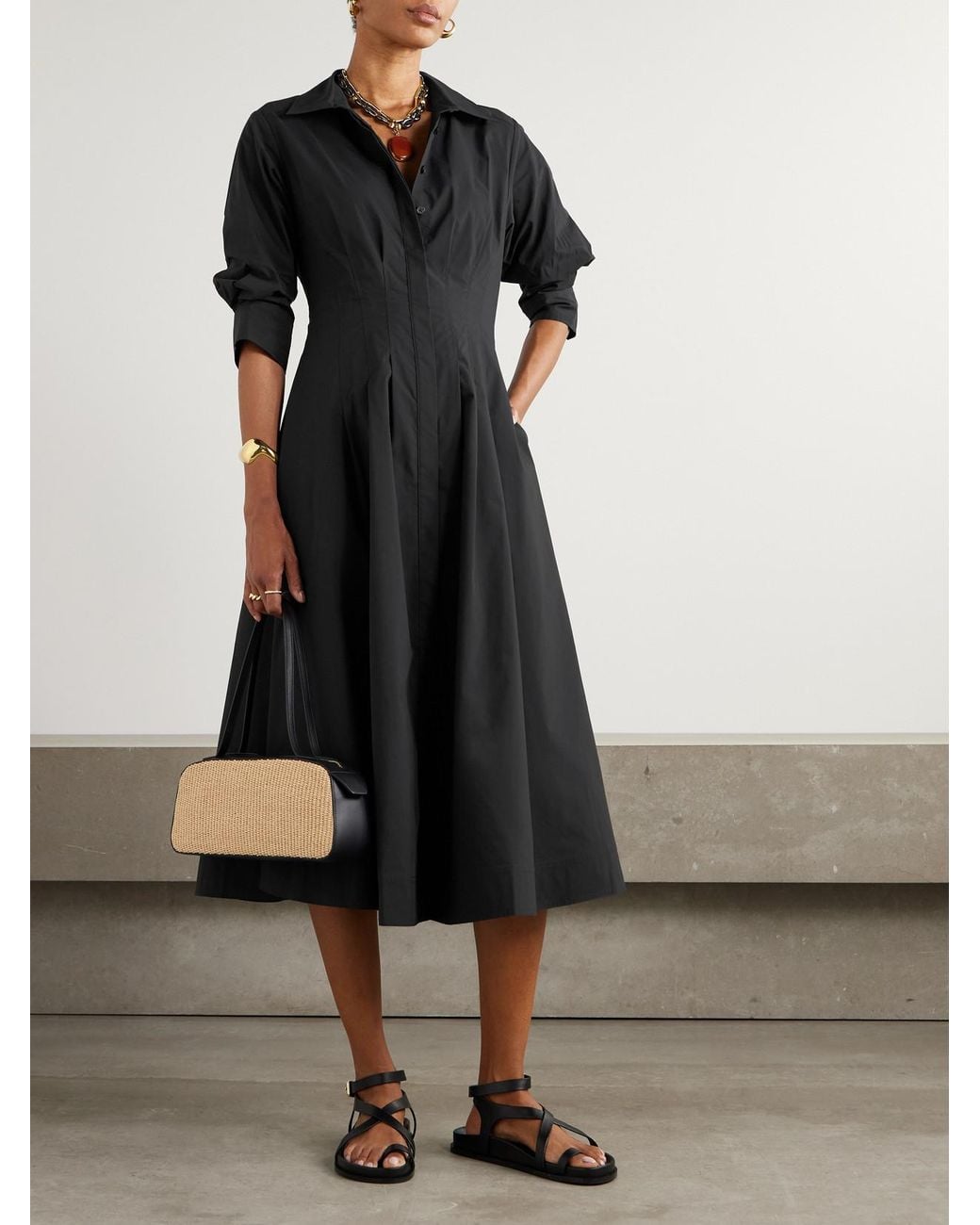 Jonathan Simkhai Black Jazz Pleated Cotton-Blend Poplin Midi Shirt Dress