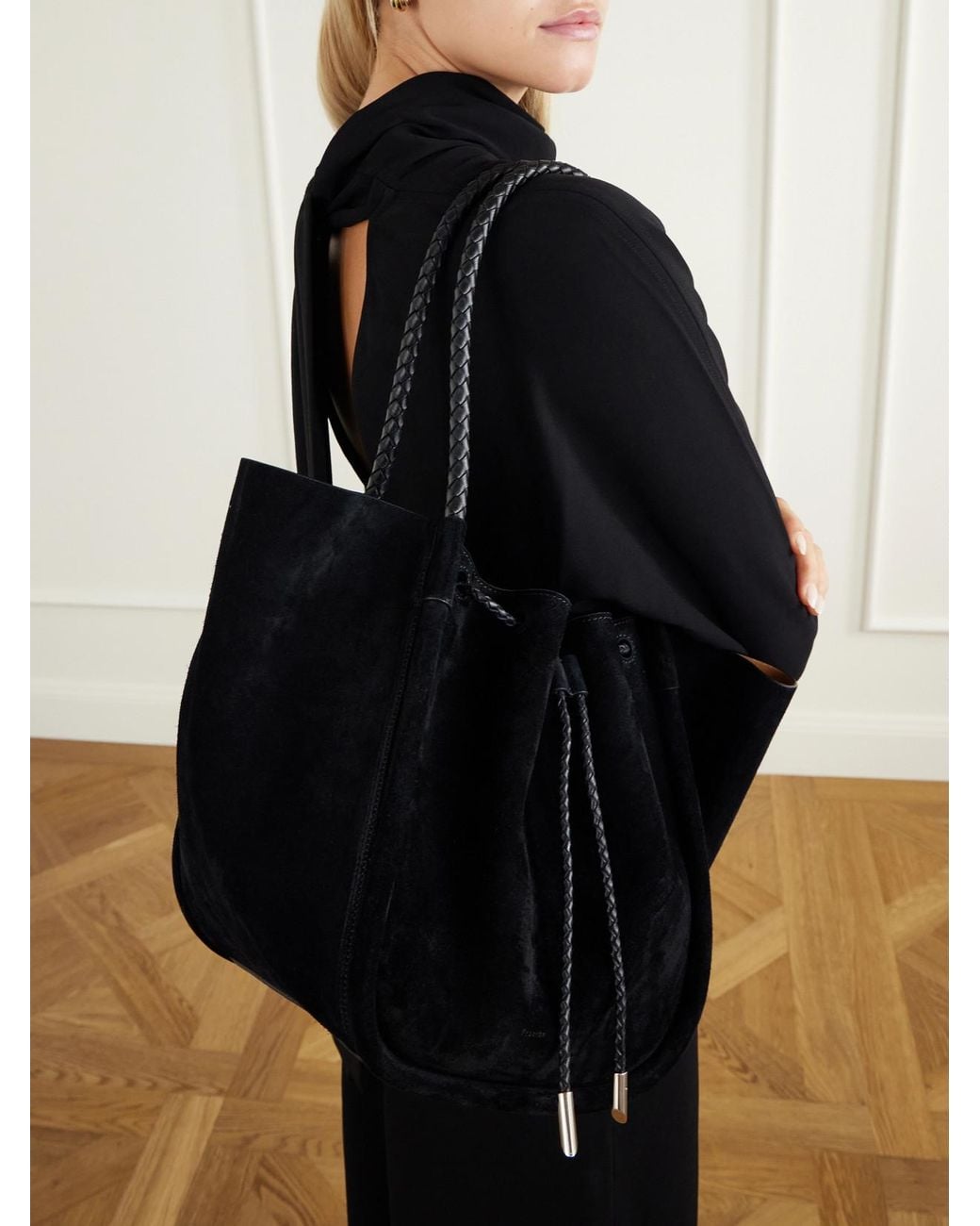 Proenza Schouler Black Large Ruched Leather-Trimmed Suede Tote