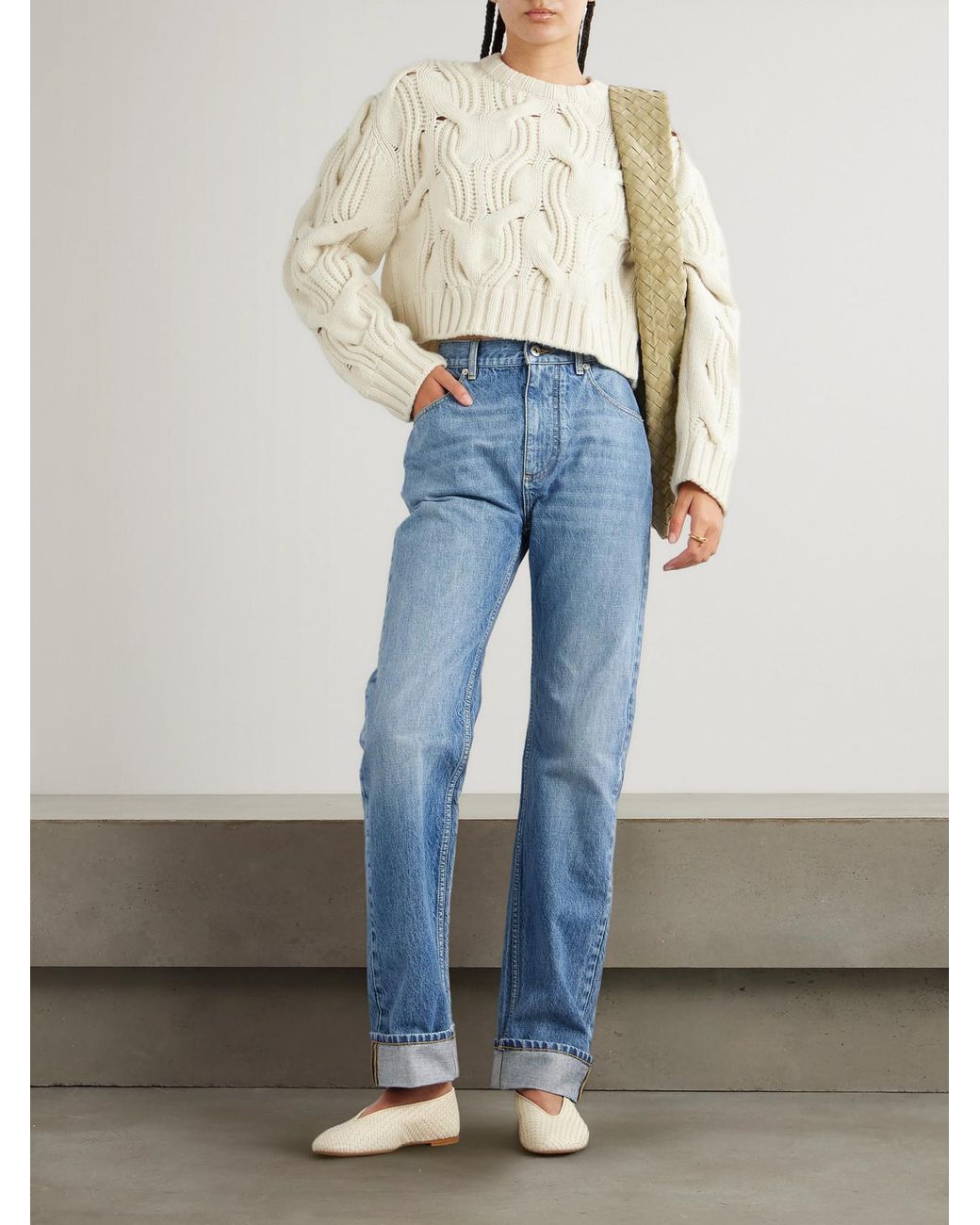 Bottega Veneta Natural Cropped Cable-Knit Wool Sweater