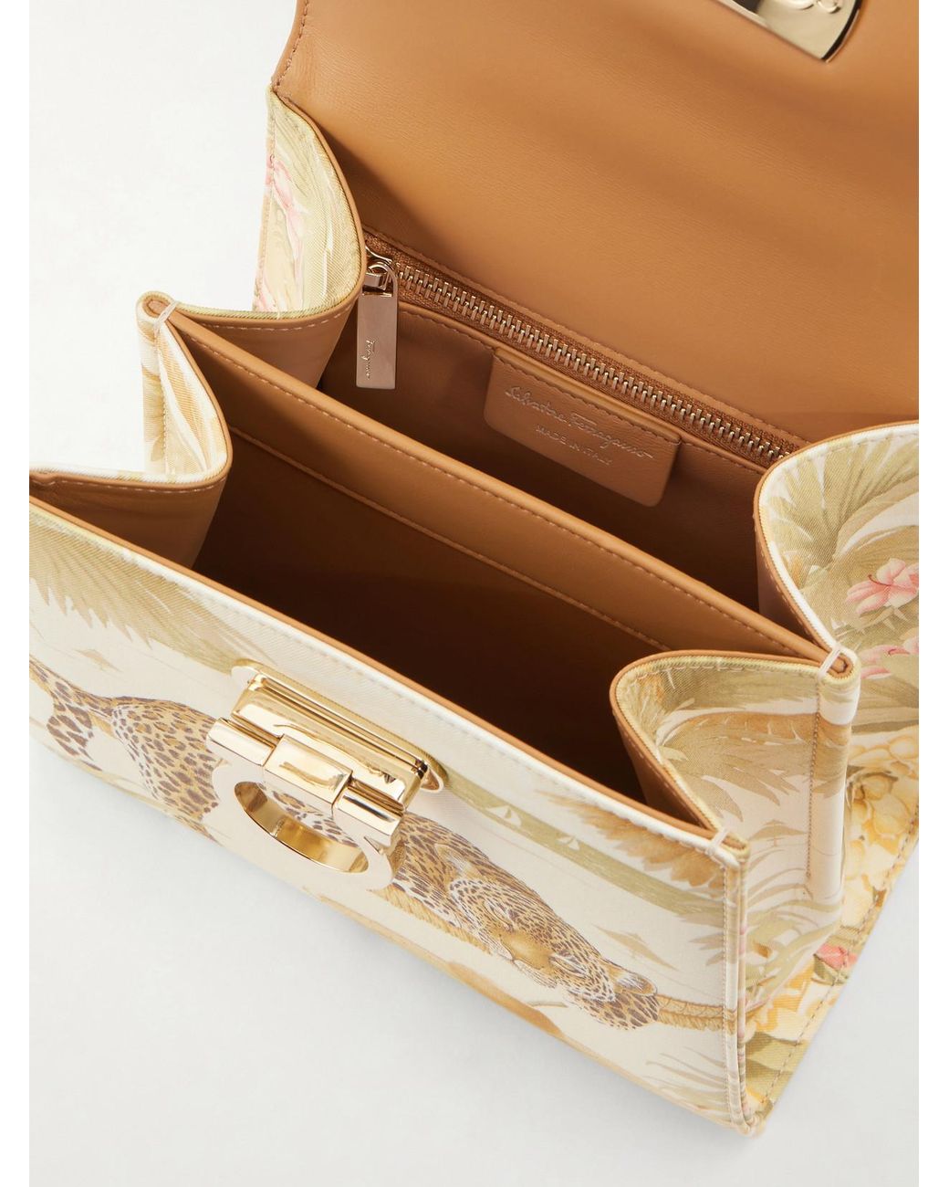 Ferragamo Natural Leather-Trimmed Printed Canvas Shoulder Bag