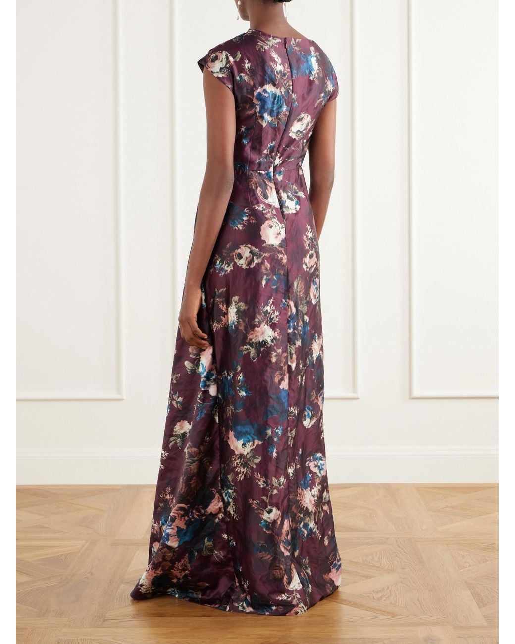 Erdem Purple Floral-Print Draped Crinkled Satin Gown