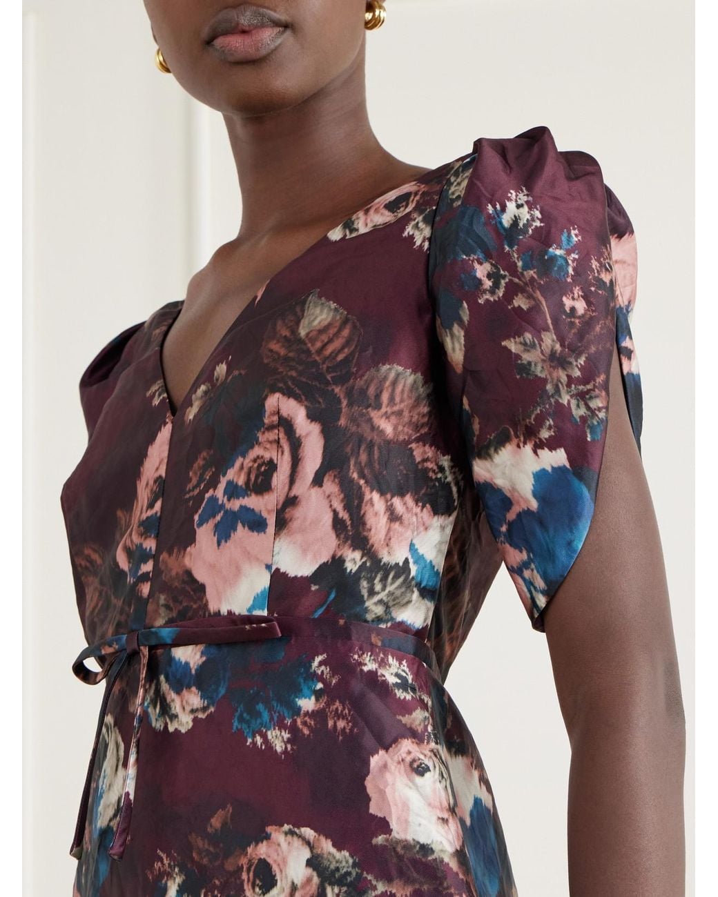 Erdem Purple Belted Floral-Print Crinkled Satin Midi Dress