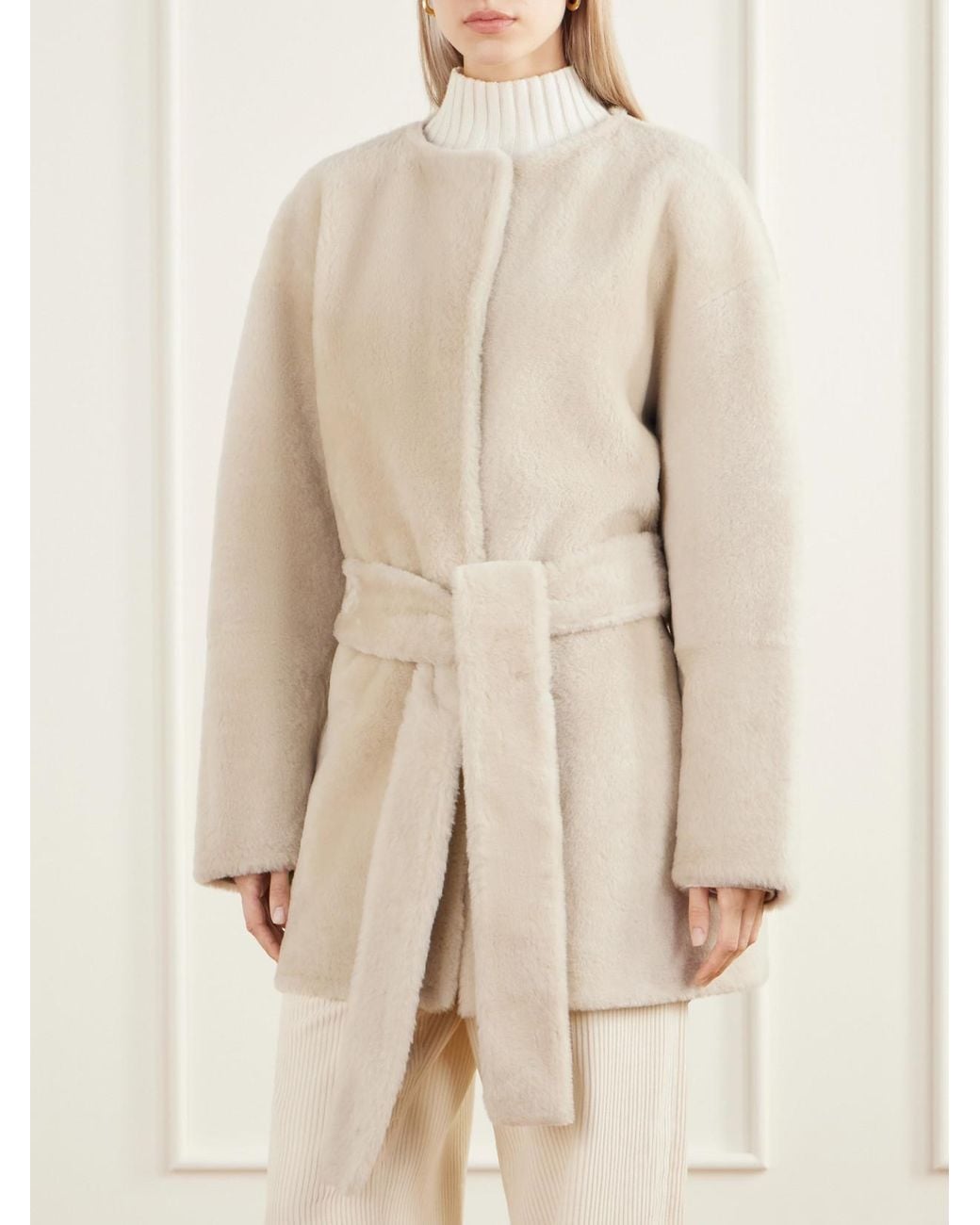 Almala Natural Sasha Collarless Belted Shearling Coat