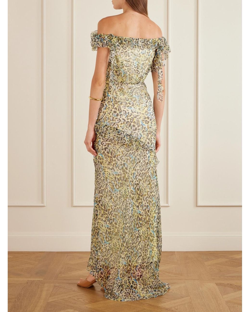 Saloni Green Nina Off-The-Shoulder Ruffled Printed Silk Gown