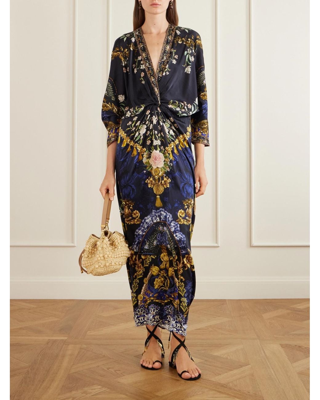 Camilla Blue Gathered Embellished Printed Silk Maxi Dress