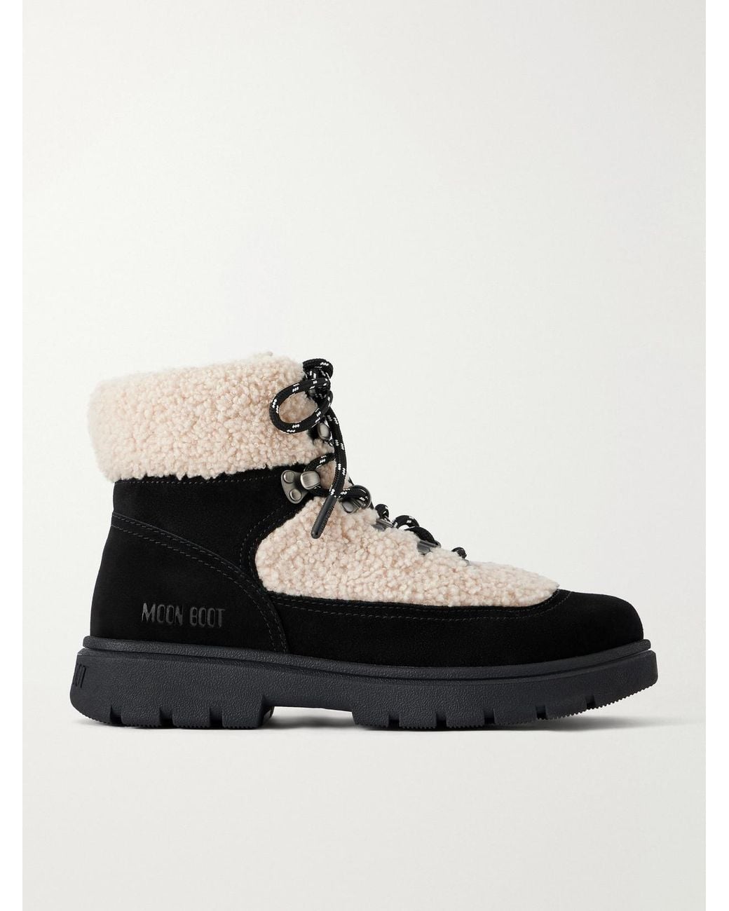 Moon Boot Black Combat Fleece-Trimmed Suede Ankle Boots