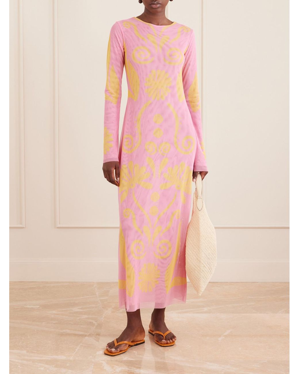 Cala De La Cruz Pink Tania Printed Mesh Maxi Dress