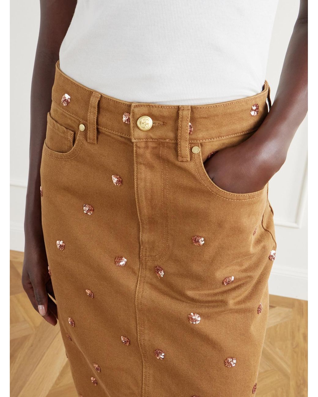 Ulla Johnson Natural The Verona Sequin-Embellished Denim Midi Skirt