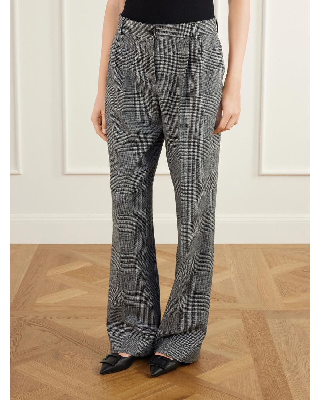 Dolce & Gabbana Gray Pleated Prince Of Wales Wool And Cashmere-Blend Flannel Wide-Leg Pants