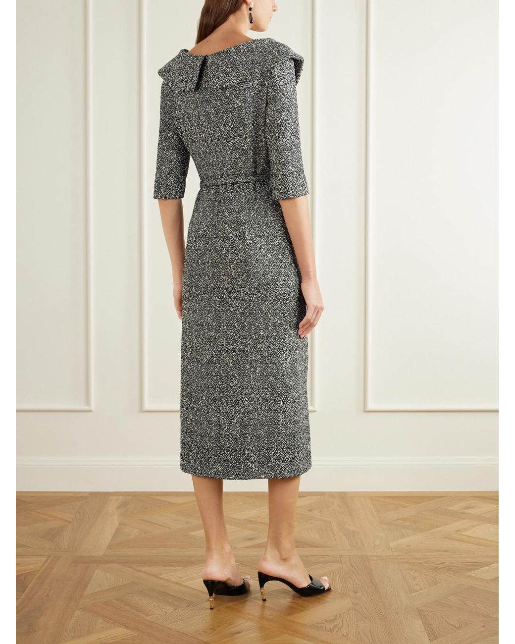 Alessandra Rich Gray Bow-Detailed Silk-Trimmed Tweed Midi Dress