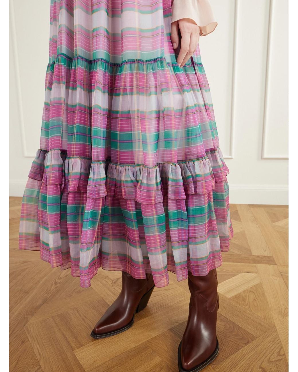 Chloé White Drawstring Ruffled Checked Silk-Mousseline Maxi Skirt