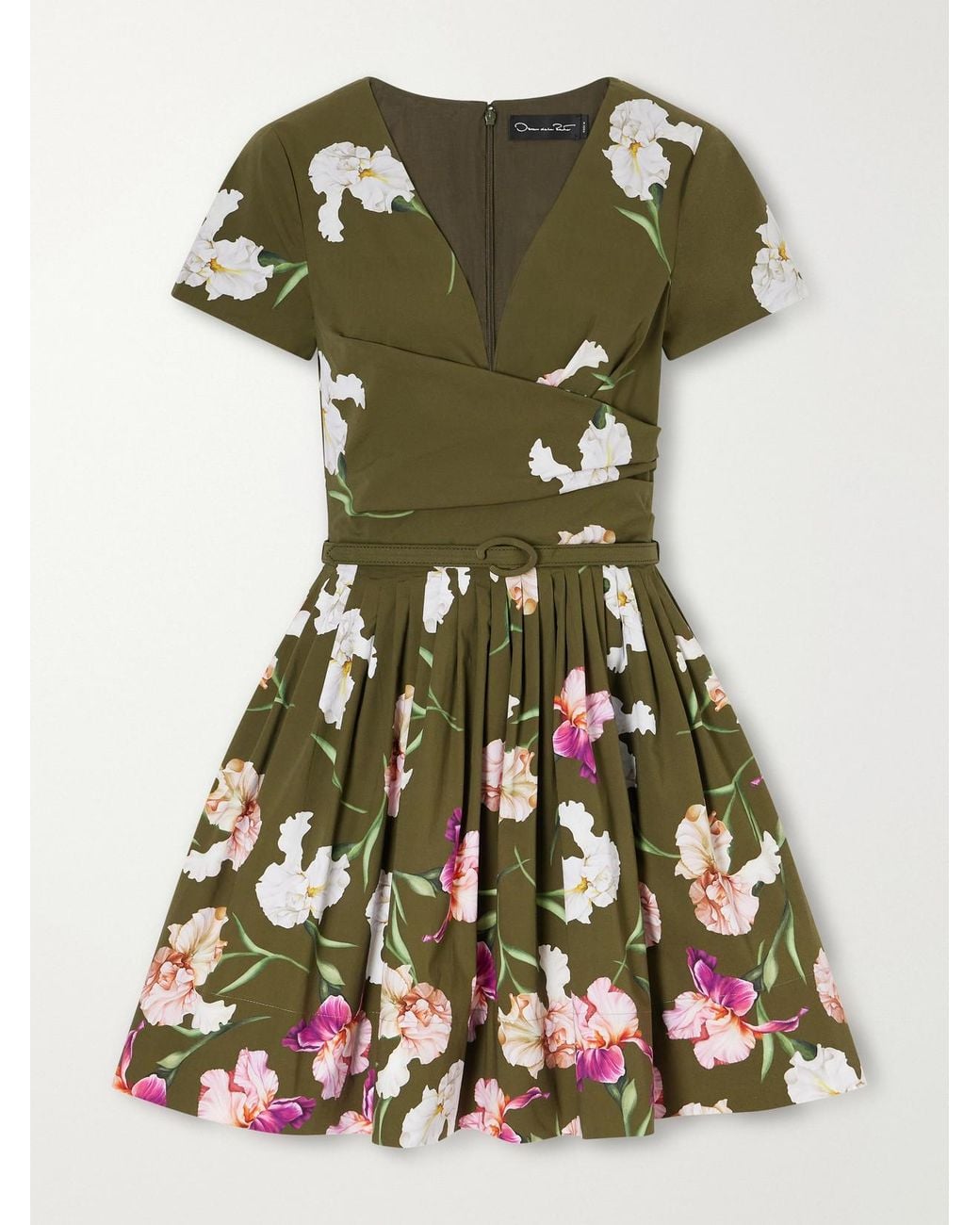 Oscar de la Renta Green Iris Belted Draped Floral-Print Cotton-Blend Poplin Mini Dress